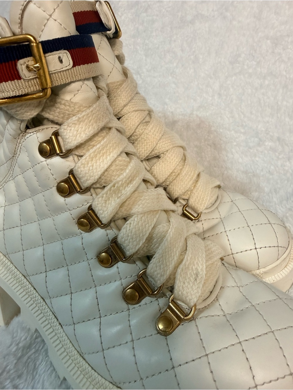Gucci White Quilted Lace-Up Platform Ankle Boots with Red and Blue Stripe - Picture 5 of 16